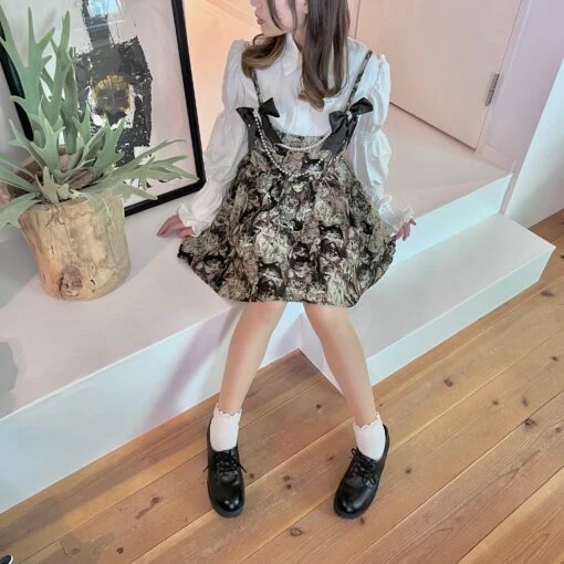 Ribbon And Pearl Cat Design Jumper Skirt