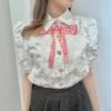 Ribbon And Pearl Floral Pattern Puff Sleeve Shirt -LOLITA Shop 2023 05 24124431
