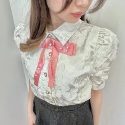 Ribbon And Pearl Floral Pattern Puff Sleeve Shirt -LOLITA Shop 2023 05 24124447