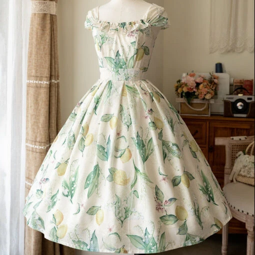 Lemon And Suzuran French Sleeve Jumper Skirt With Ribbon Hair Accessory
