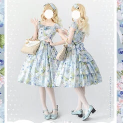 Hydrangea And Blueberry French Sleeve Jumper Skirt With Ribbon Hair Accessory -LOLITA Shop 699d034bgy1hck0dw95cwj220y2bce82