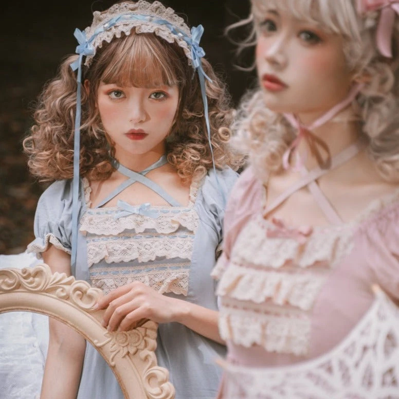 Frill Square Neck Sweet Loli Short Sleeve Dress And Headdress 6 Frill Square Neck Sweet Loli Short Sleeve Dress And Headdress - Image 4