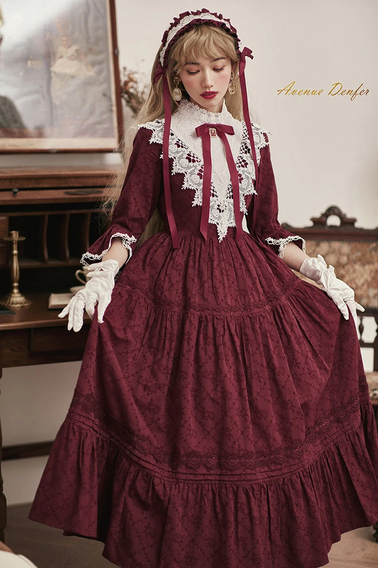 Classical Cotton-jacquard Lace Stand-collar Dress 14 Classical Cotton-jacquard Lace Stand-collar Dress - Image 12