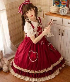 Heart Pocket Wine Red Frill Lolita Jumper Skirt -LOLITA Shop O1CN01BPjBPN1y6mzT8WkRD 865286530