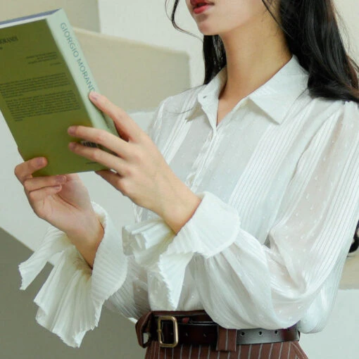 French Retro Pleated Cuff White Blouse