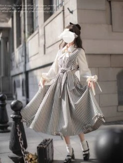 Striped And Ribbon French Girly Jumper Skirt -LOLITA Shop O1CN01M9rRUq2JsWQMgDMNE 2312269477