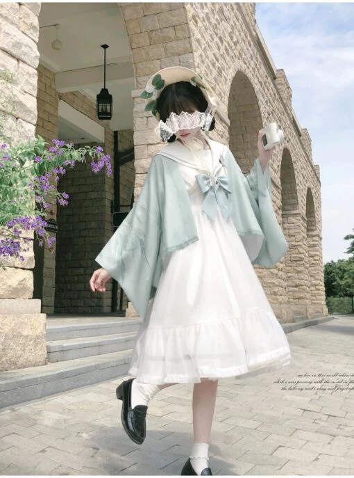 Blue Sea And Bright Moon Sailor Collar Dress, Haori, Apron 3-Piece Set