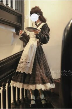 [Pre-order] Brown Check Retro Dress With Apron -LOLITA Shop O1CN01PPY1iW2JsWWduheK4 2312269477