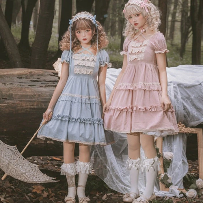 Frill Square Neck Sweet Loli Short Sleeve Dress And Headdress 3 Frill Square Neck Sweet Loli Short Sleeve Dress And Headdress