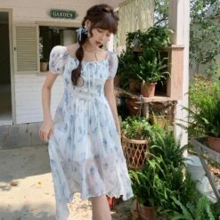 Blue Floral Print Girly Dress