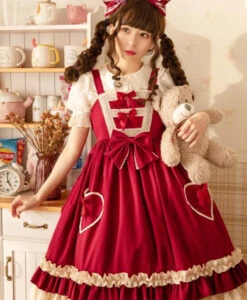 Heart Pocket Wine Red Frill Lolita Jumper Skirt -LOLITA Shop O1CN01xUipZW1y6mzVOPNhH 865286530