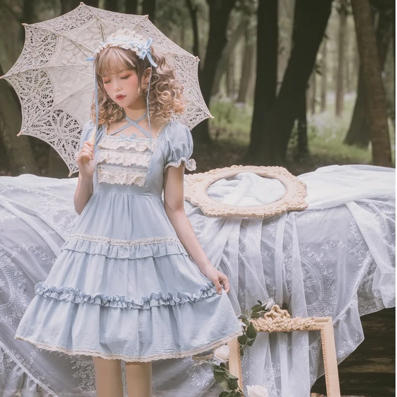 Frill Square Neck Sweet Loli Short Sleeve Dress And Headdress 7 Frill Square Neck Sweet Loli Short Sleeve Dress And Headdress - Image 5