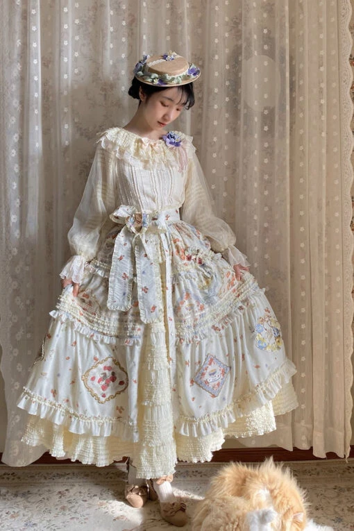 [Pre-orders Available Until 2/19] Cat Rose Tea Party Long Skirt With Front Opening, Luxury Type