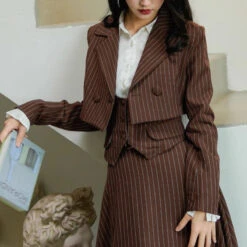 Coffee-colored Vertical Striped Classic Jacket, Vest, And Skirt